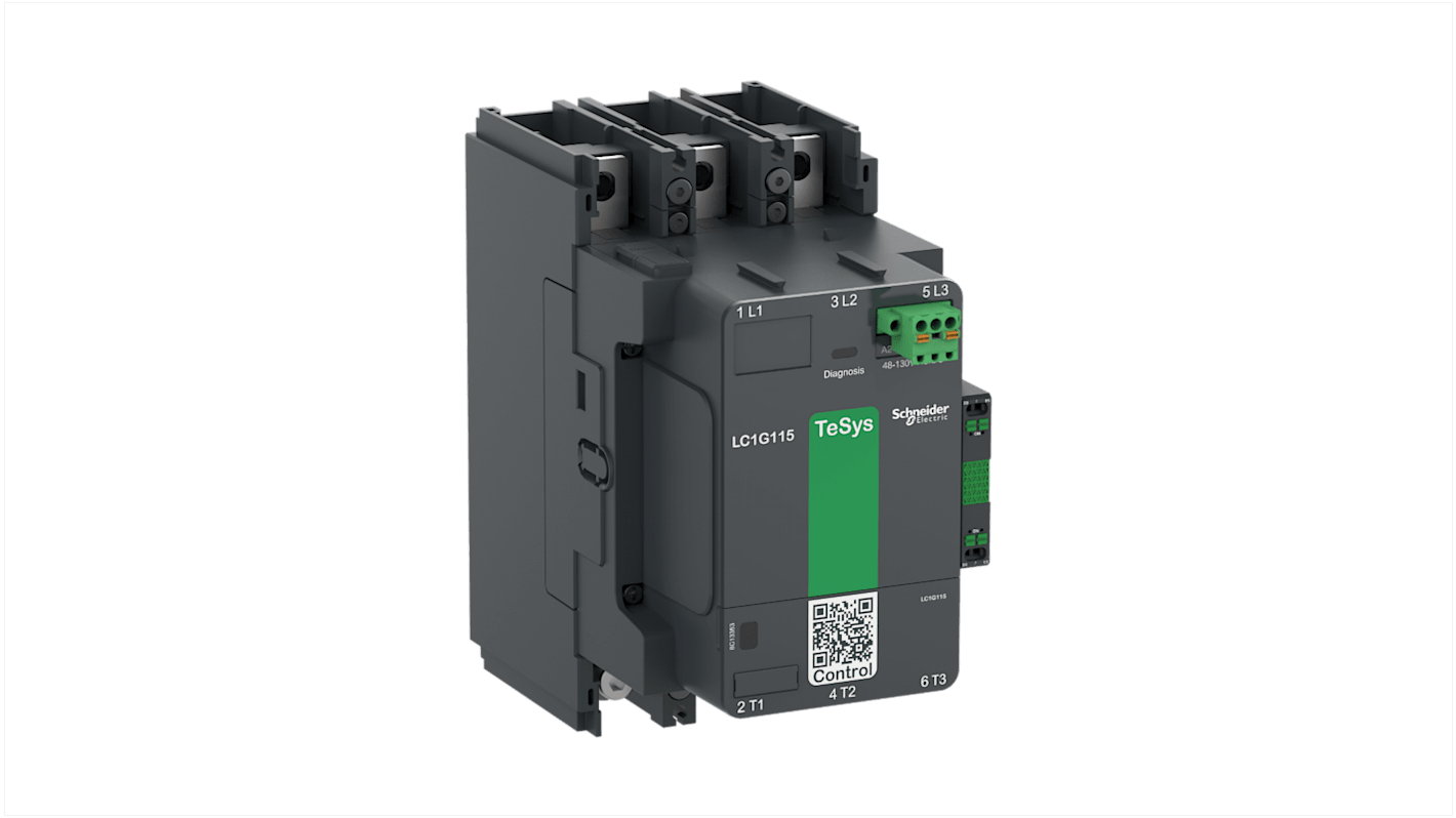 Contattore Schneider Electric LC1G225KUEN per controllo motori, 3 poli, corrente 330 A, tensione bobina 100-250 V.