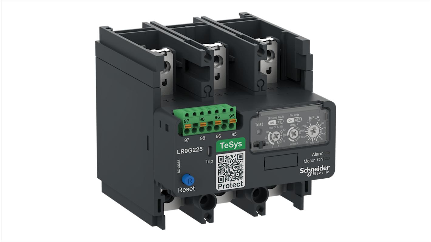 Relè di sovraccarico termico Schneider Electric LR9G225, montaggio diretto su contattori, carico 57-225 A, protezioni integrate.