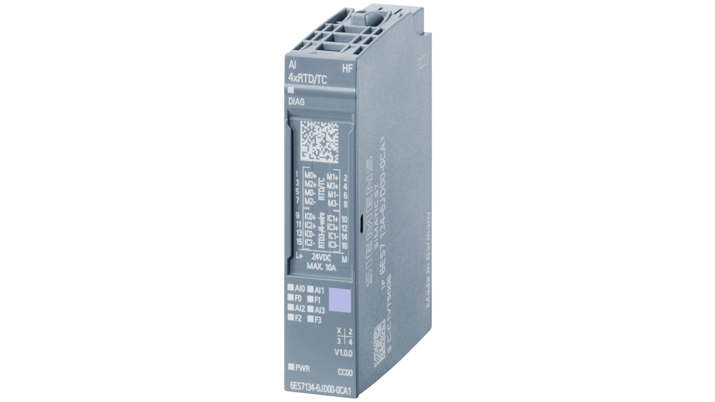 Modulo di ingresso analogico Siemens 6ES71346JD002CA1, serie 6ES7132, per sistema SIMATIC, 4 ingressi, dimensioni 15 x 73 x 58 mm.