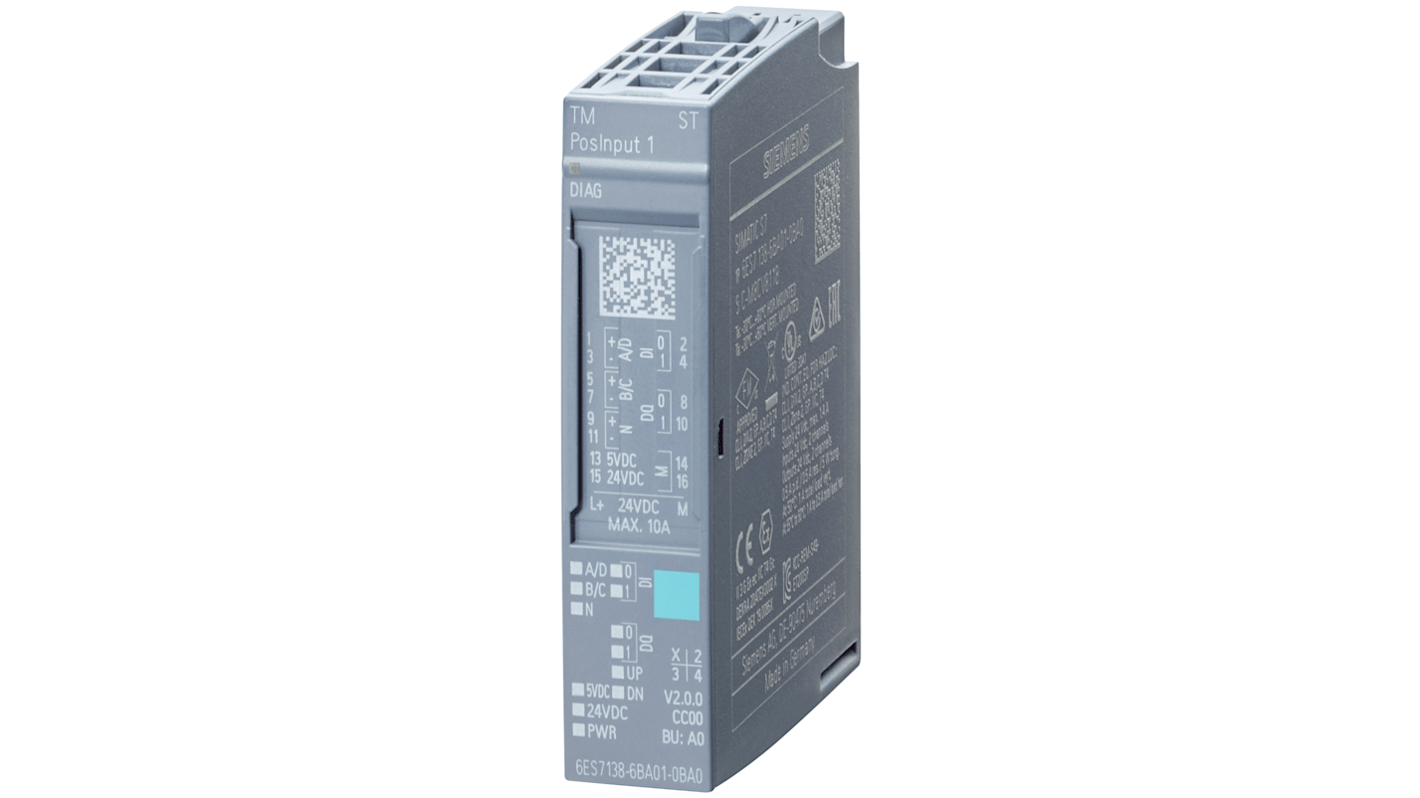 Modulo di comunicazione Siemens 6ES71386BA012BA0, dimensioni 15 x 73 x 58 mm, per sistema I/O SIMATIC, con due ingressi e uscite digitali.