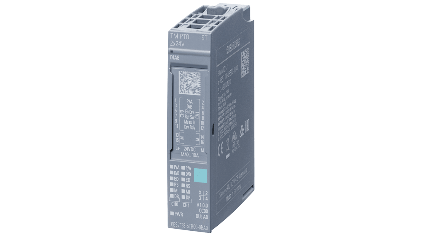 Modulo di interfaccia digitale Siemens 6ES71386EB000BA0, 6 ingressi e 6 uscite, dimensioni 15 x 73 x 58 mm, corrente 500 mA.