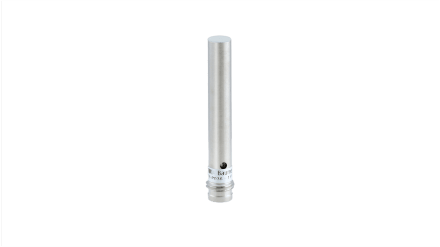 Sensore di prossimità induttivo cilindrico Baumer IR06.D03S-Q46.UA1Z.7SL, con uscita analogica e gamma di rilevamento fino a 3 mm.