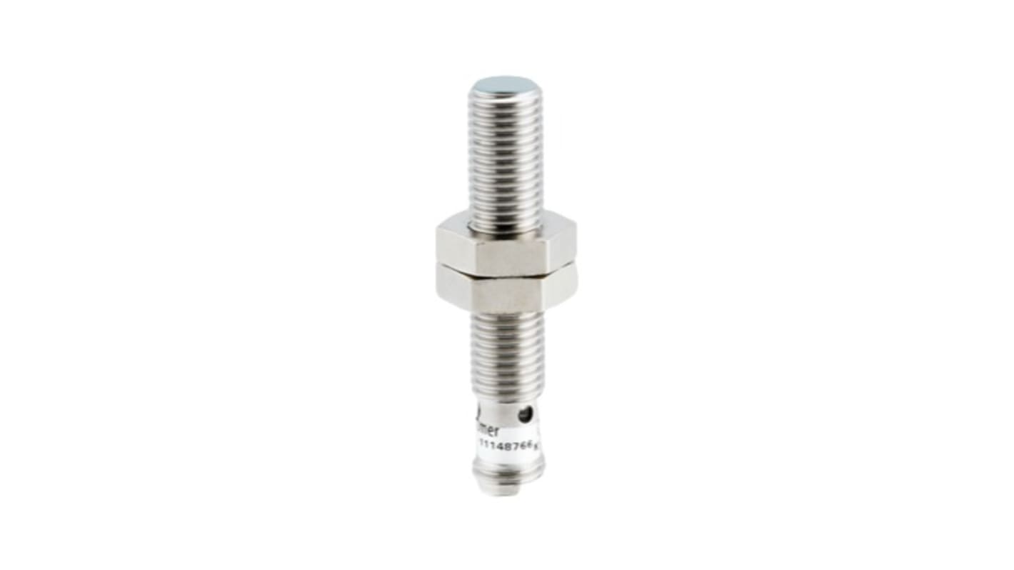 Sensore di prossimità induttivo cilindrico Baumer IR08.D02S-F46.UA1Z.7SL, con uscita analogica e gamma di rilevamento fino a 2 mm.