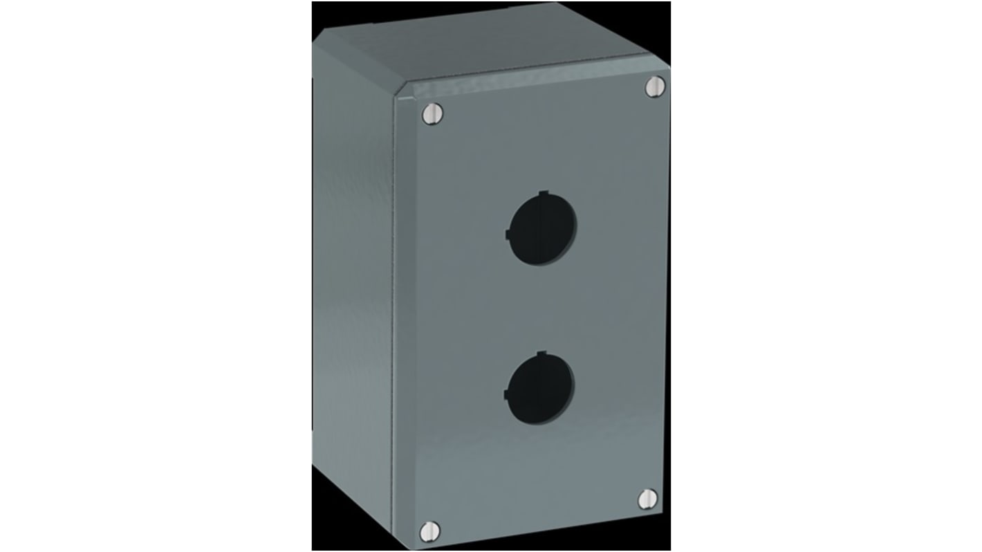 Scatola per pulsante ABB in alluminio, 2 fori, IP66, dimensioni 145 x 87 x 75 mm, colore grigio, ingresso per cavo.