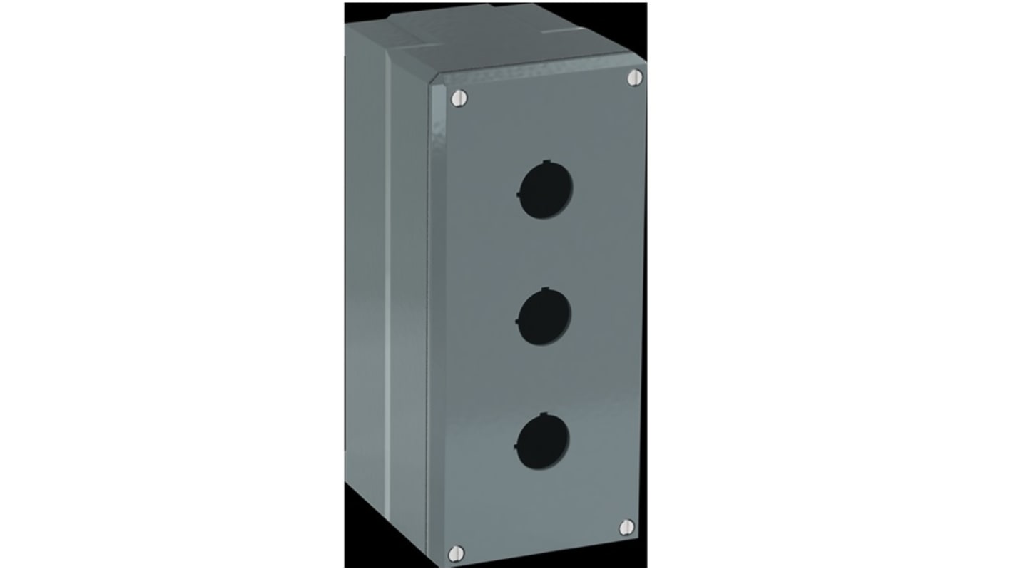 Scatola per pulsante ABB in alluminio, 3 fori, dimensioni 195 x 87 x 100 mm, grado di protezione IP66, colore grigio.