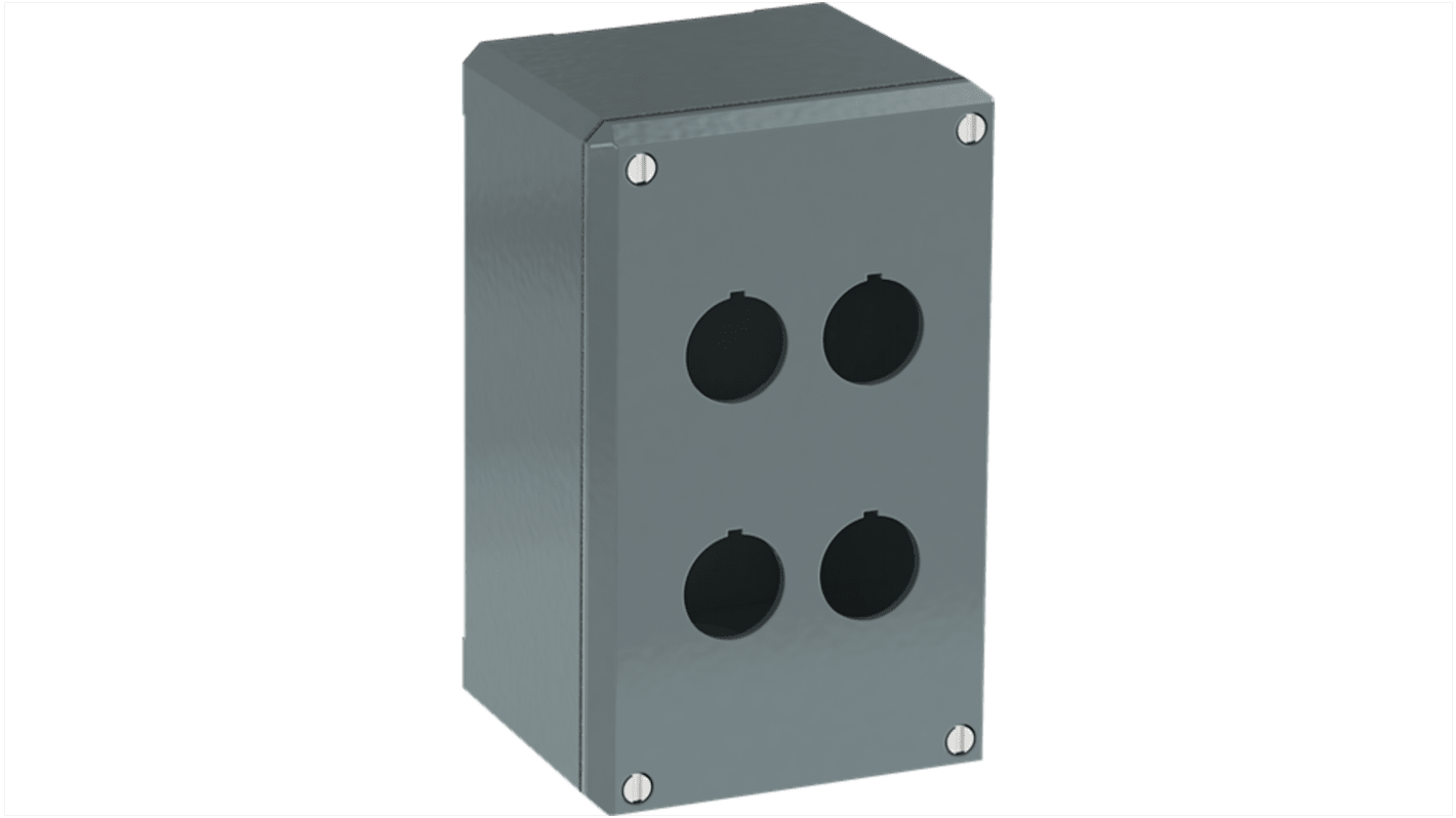 Scatola pulsante ABB in alluminio, 4 fori, IP66, dimensioni 145 x 87 x 75 mm, colore grigio, ingresso per cavo.