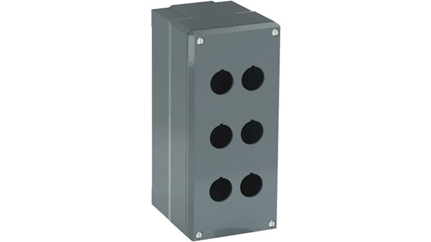Scatola per pulsante ABB in alluminio, 6 fori, IP66, dimensioni 195 x 87 x 100 mm, corpo grigio. Codice 1SFA170806R1006.