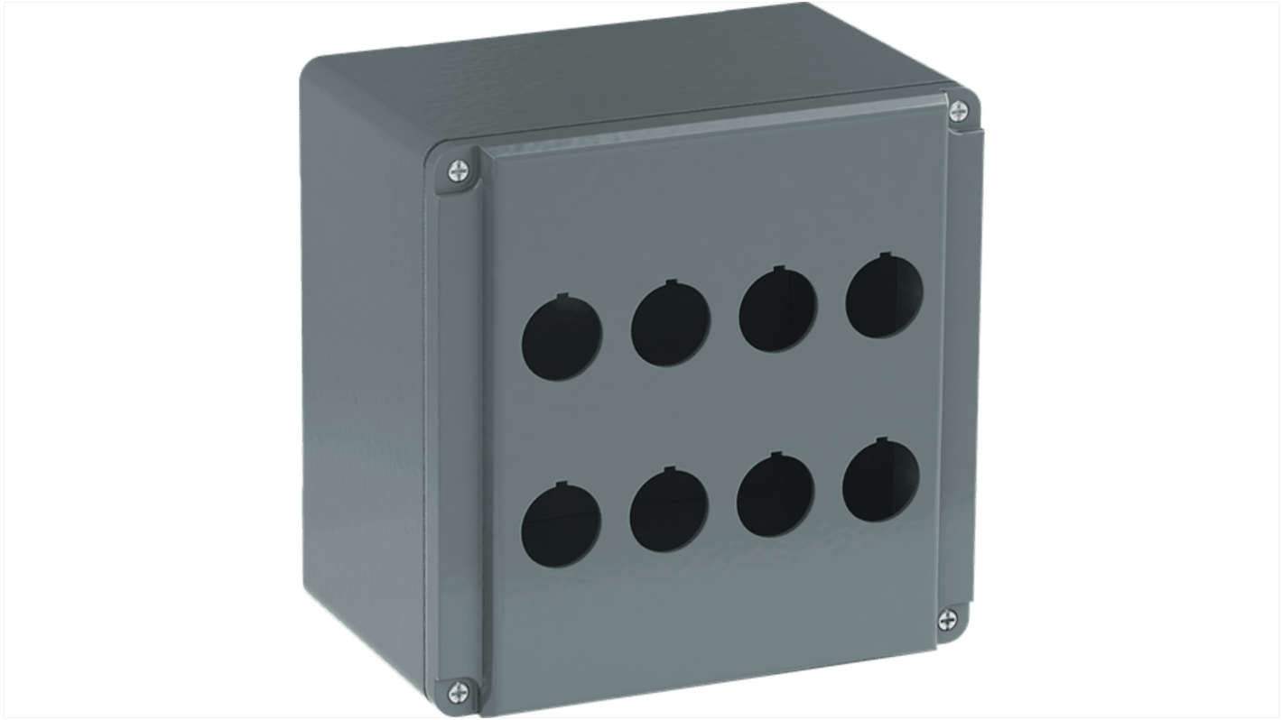 Scatola per pulsante ABB in alluminio, 8 fori, dimensioni 152 x 152 x 101,5 mm, grado di protezione IP66, colore grigio.