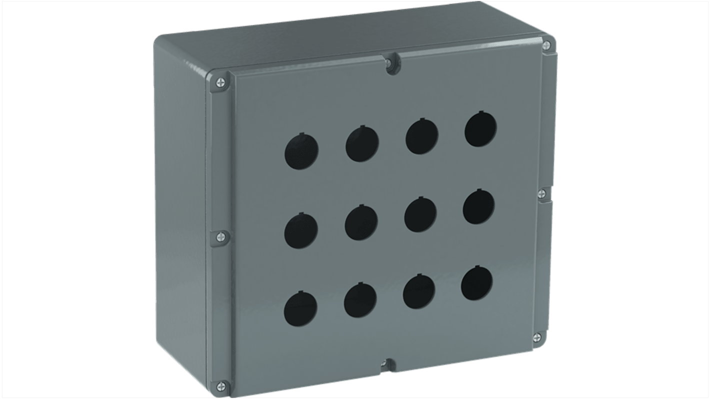 Scatola per pulsante ABB in alluminio, 12 fori, dimensioni 205 x 230 x 101,5 mm, grado di protezione IP66, corpo grigio.