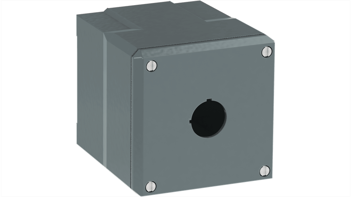 Scatola per pulsante ABB in alluminio, grigia, IP66, 1 foro, dimensioni 87 x 87 x 100 mm, con foro per pressacavo.