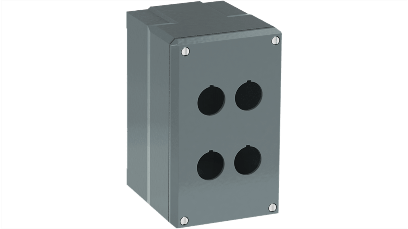 Scatola per pulsante ABB in alluminio, 4 fori, IP66, dimensioni 145 x 87 x 100 mm, colore grigio, con foro per pressacavo.
