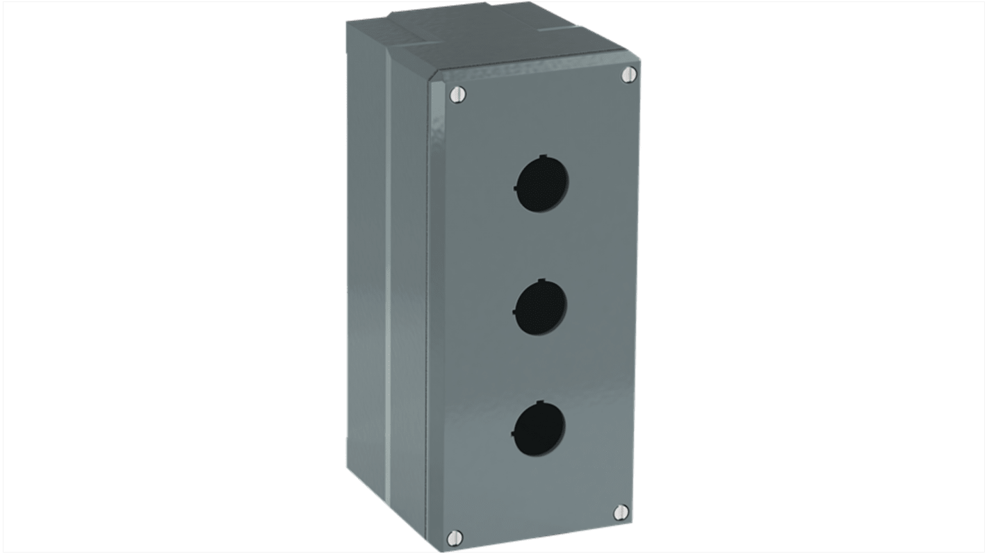 Scatola per pulsante ABB in alluminio, 3 fori, dimensioni 195 x 100 x 87 mm, colore grigio, grado di protezione IP66.