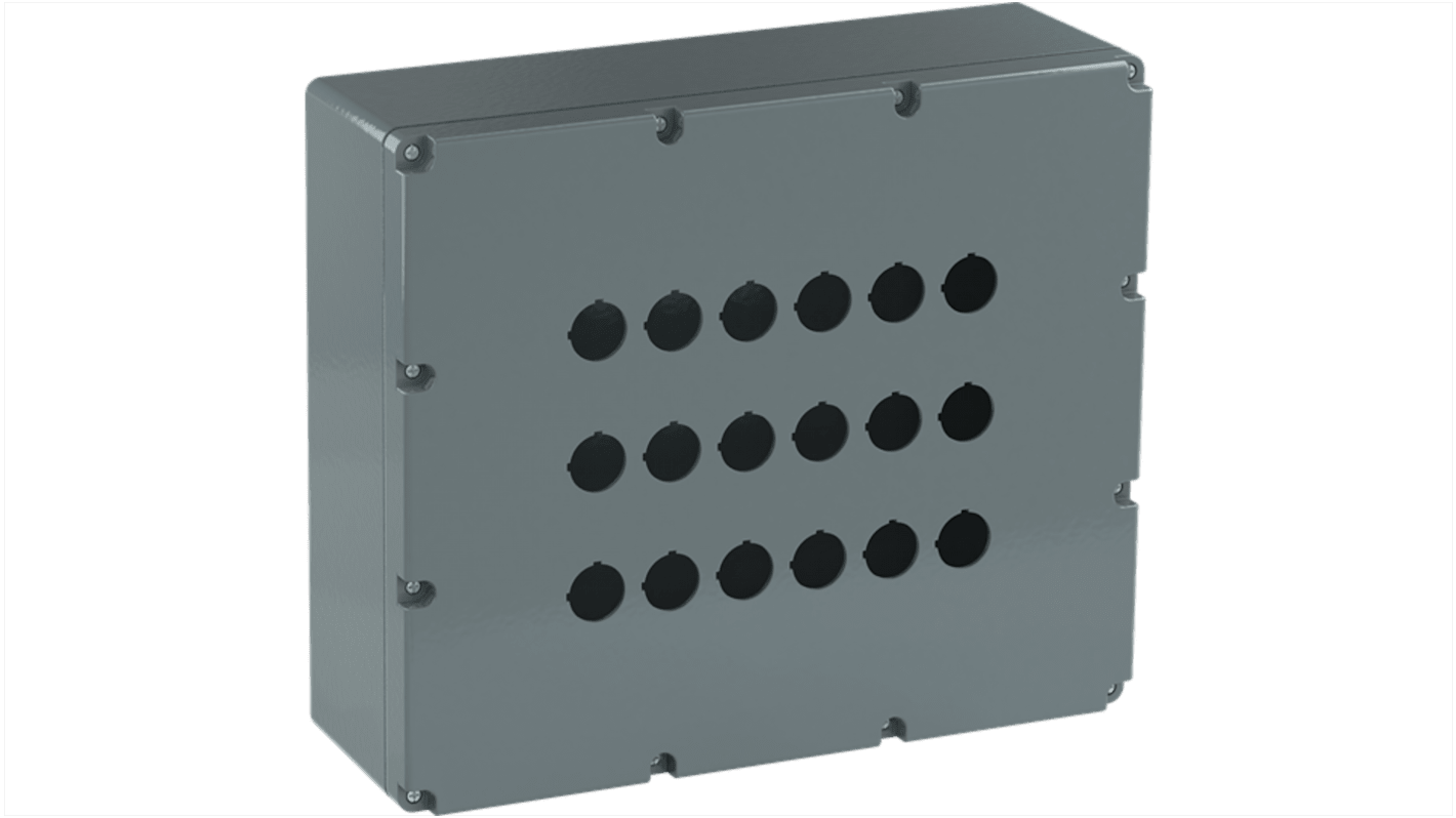 Scatola per pulsante ABB in alluminio grigio, dimensioni 257 x 300 x 101,5 mm, grado di protezione IP66, senza ingresso cavo.