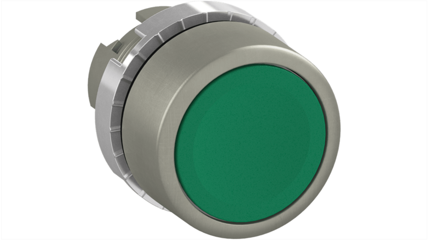Pulsante instabile ABB 1SFA1, attuatore verde rotondo, IP66, progettato per applicazioni industriali.