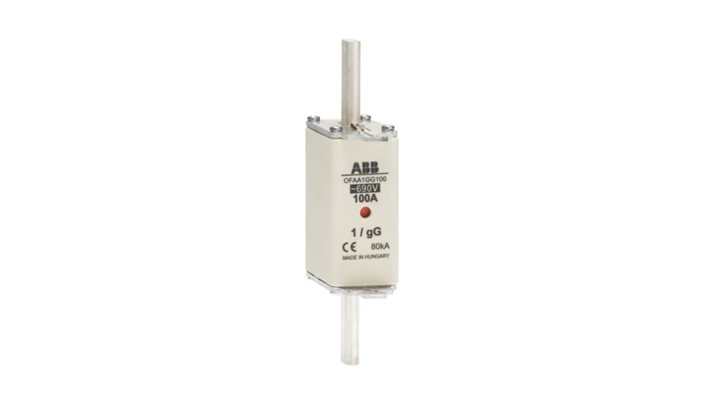 Fusibile ABB 63A con linguette, dimensioni 135 x 30 x 65 mm, per protezione da sovracorrente e cortocircuito.
