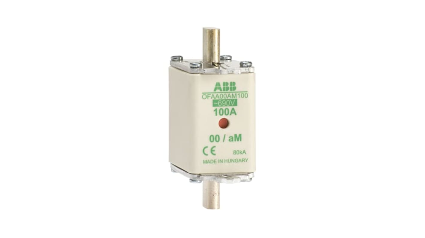 Fusibile ABB aM HRC 80A, dimensioni 79 x 30 x 60 mm, per protezione in ambienti industriali, tensione nominale 690V.