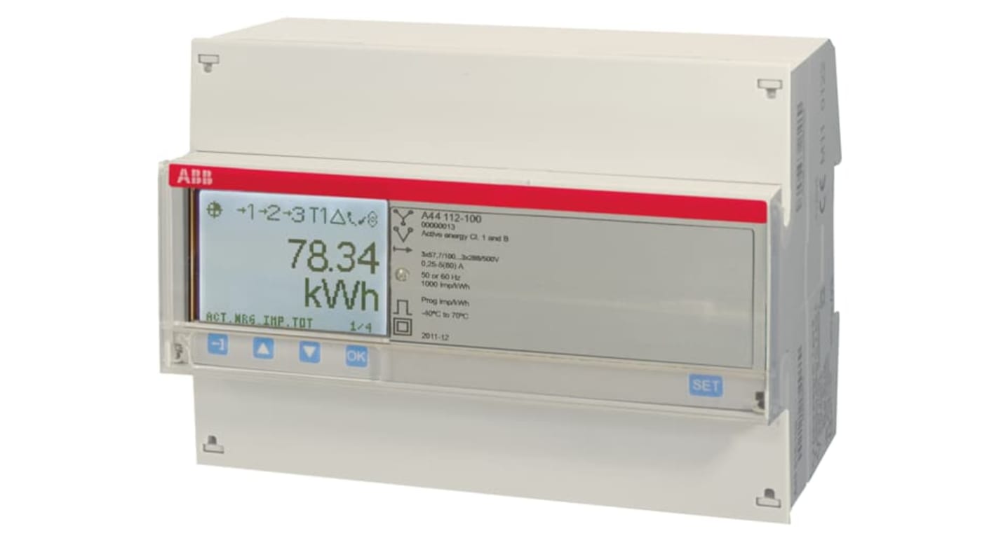 Contatore di energia ABB 2CMA100248R1000 A44, 3 fasi, LCD 7 cifre, montaggio DIN, comunicazione RS-485, protezione IP20.