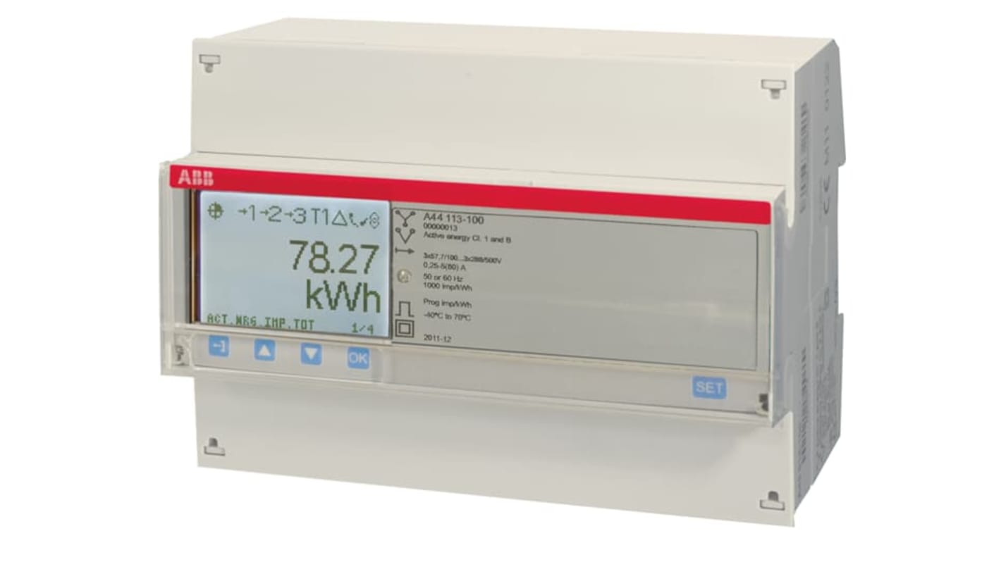 Contatore di energia trifase ABB 2CMA100249R1000 con display LCD retroilluminato, montaggio su guida DIN, protezione IP20.