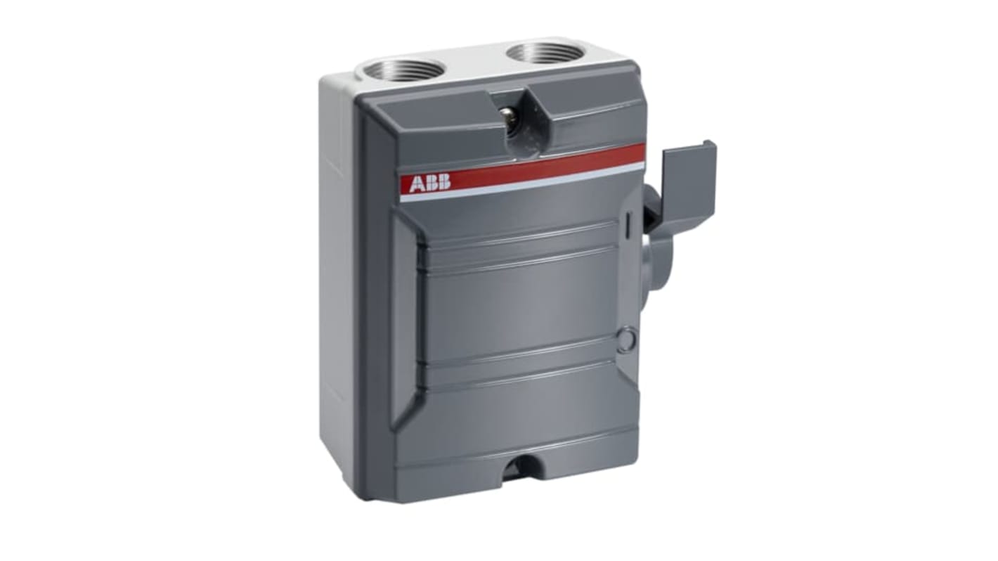 Sezionatore interruttore 3 poli ABB, montaggio a vite, corrente massima 25A, grado di protezione IP65, adatto per uso interno ed esterno.