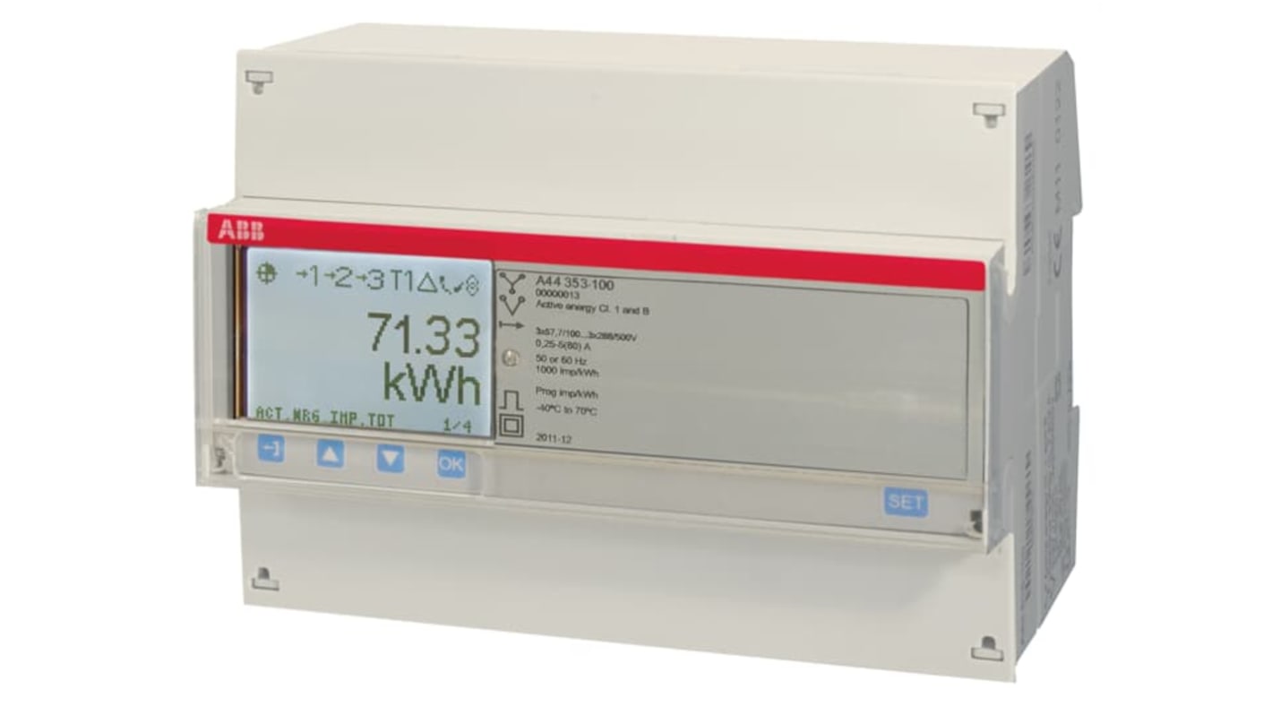 Contatore di energia ABB 2CMA170538R1000, trifase, LCD 7 cifre, montaggio su guida DIN, protezione IP20, comunicazione M-Bus.