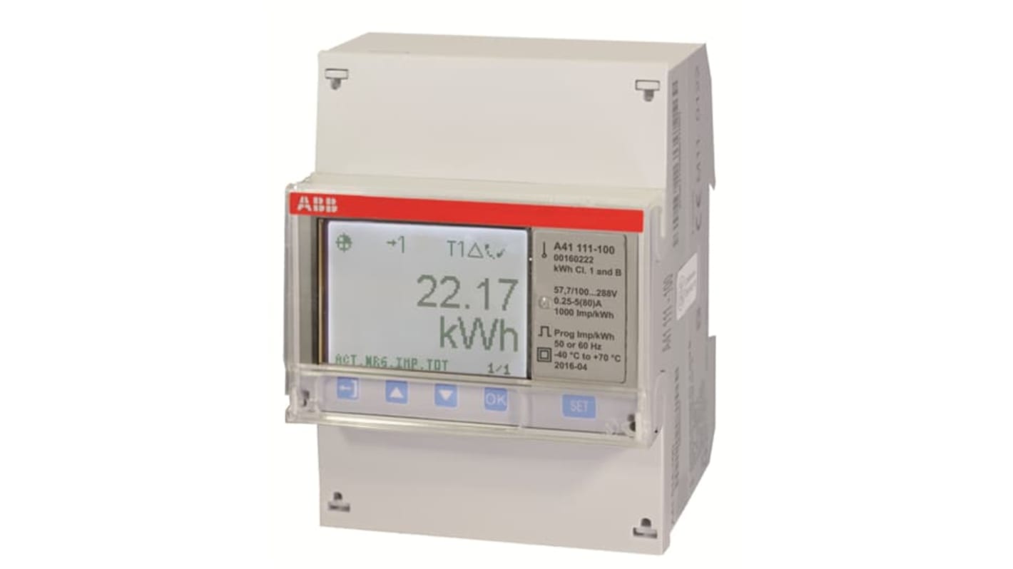 Contatore di energia monofase ABB 2CMA170554R1000, display LCD 7 cifre, montaggio su guida DIN, protezione IP20.