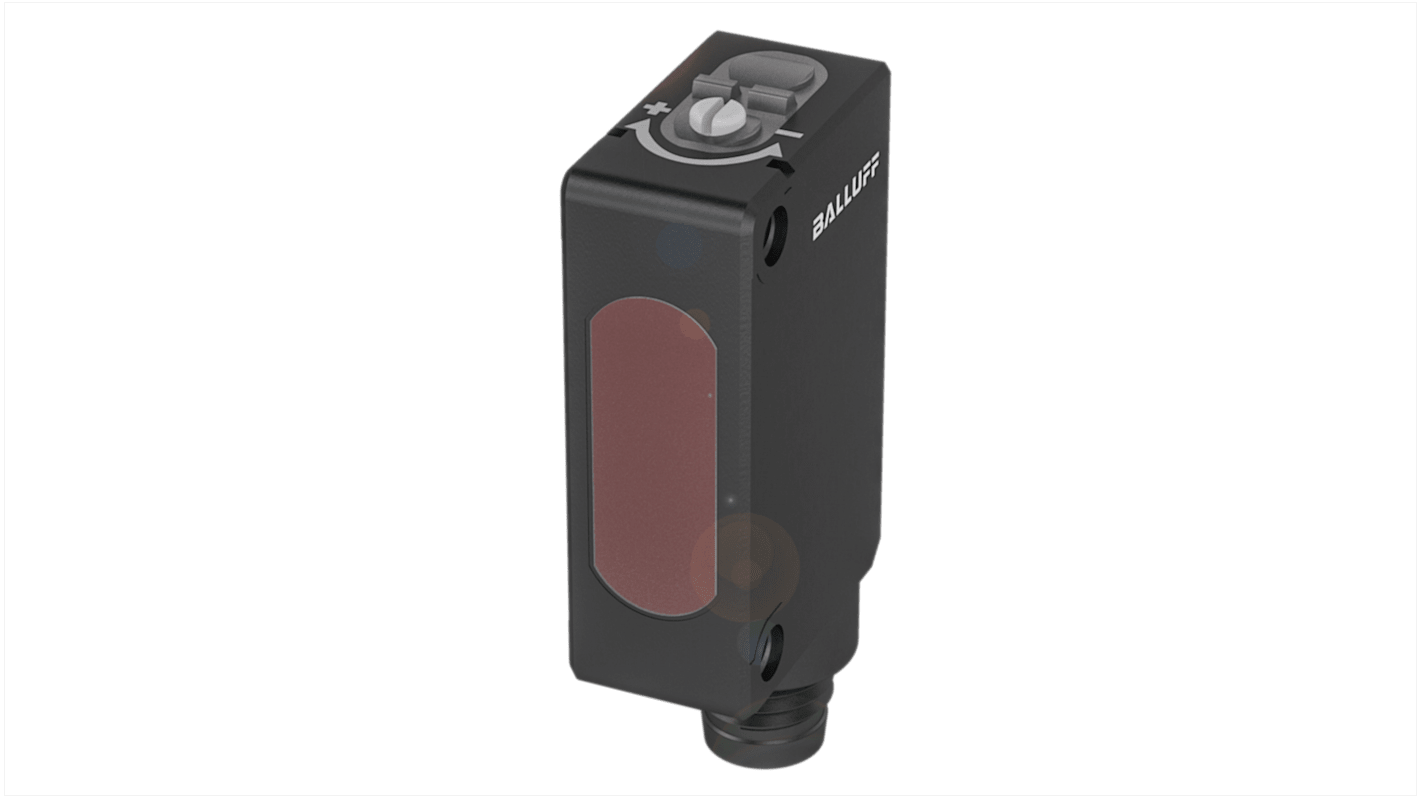 Sensore fotoelettrico rettangolare BALLUFF BOS029H, rilevamento fino a 350 mm, uscita PNP, connettore M8, dimensioni 10,7 x 43,5 x 19,5 mm.