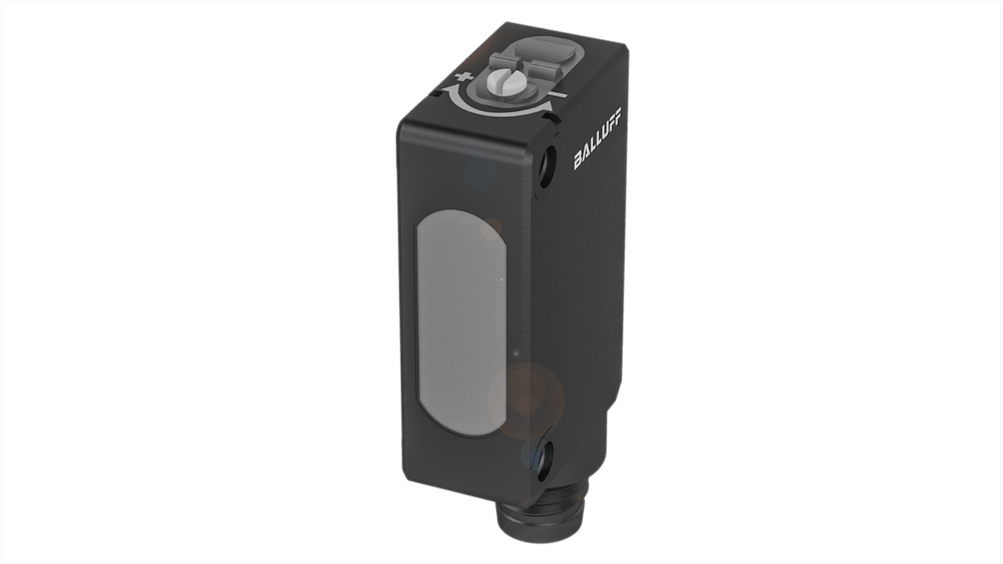 BALLUFF BOS029M, sensore fotoelettrico rettangolare a diffusione, rilevamento fino a 350 mm, uscita PNP, dimensioni 10,7 x 43,5 x 19,5 mm.