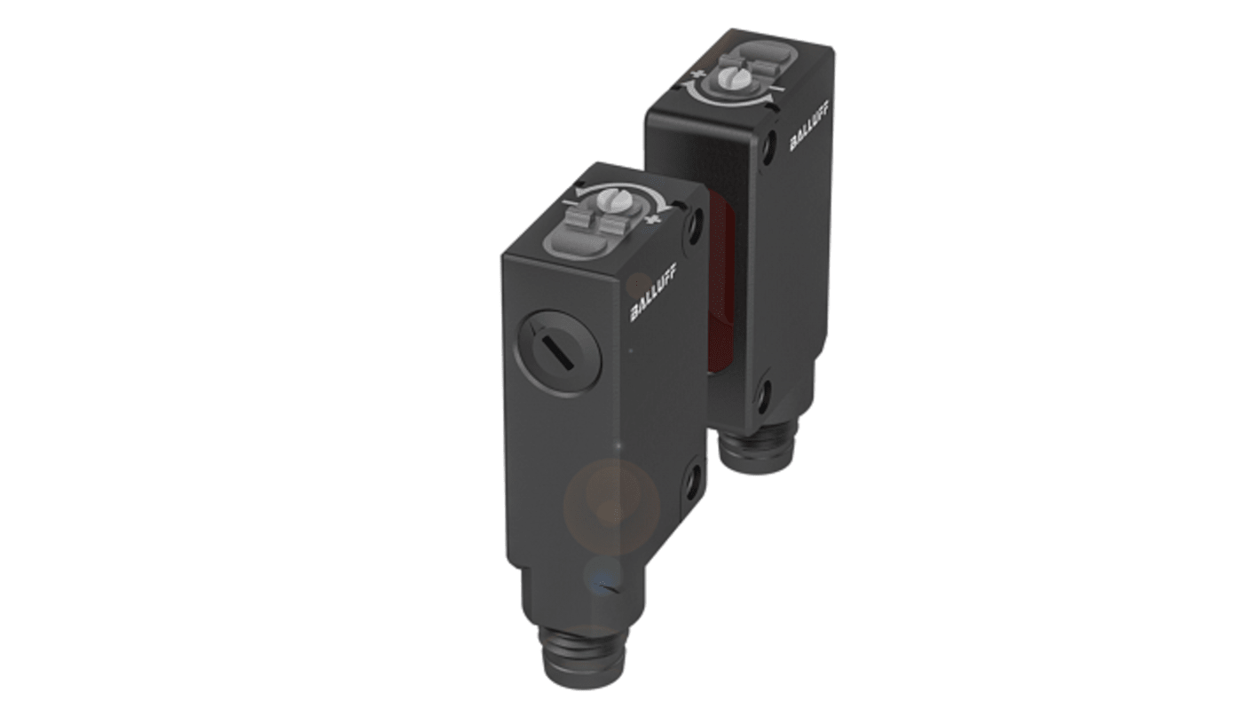 Sensore fotoelettrico BALLUFF BOS02AR a fascio passante, rilevamento fino a 20 m, dimensioni 10,7 x 43,5 x 19,5 mm, uscita PNP.