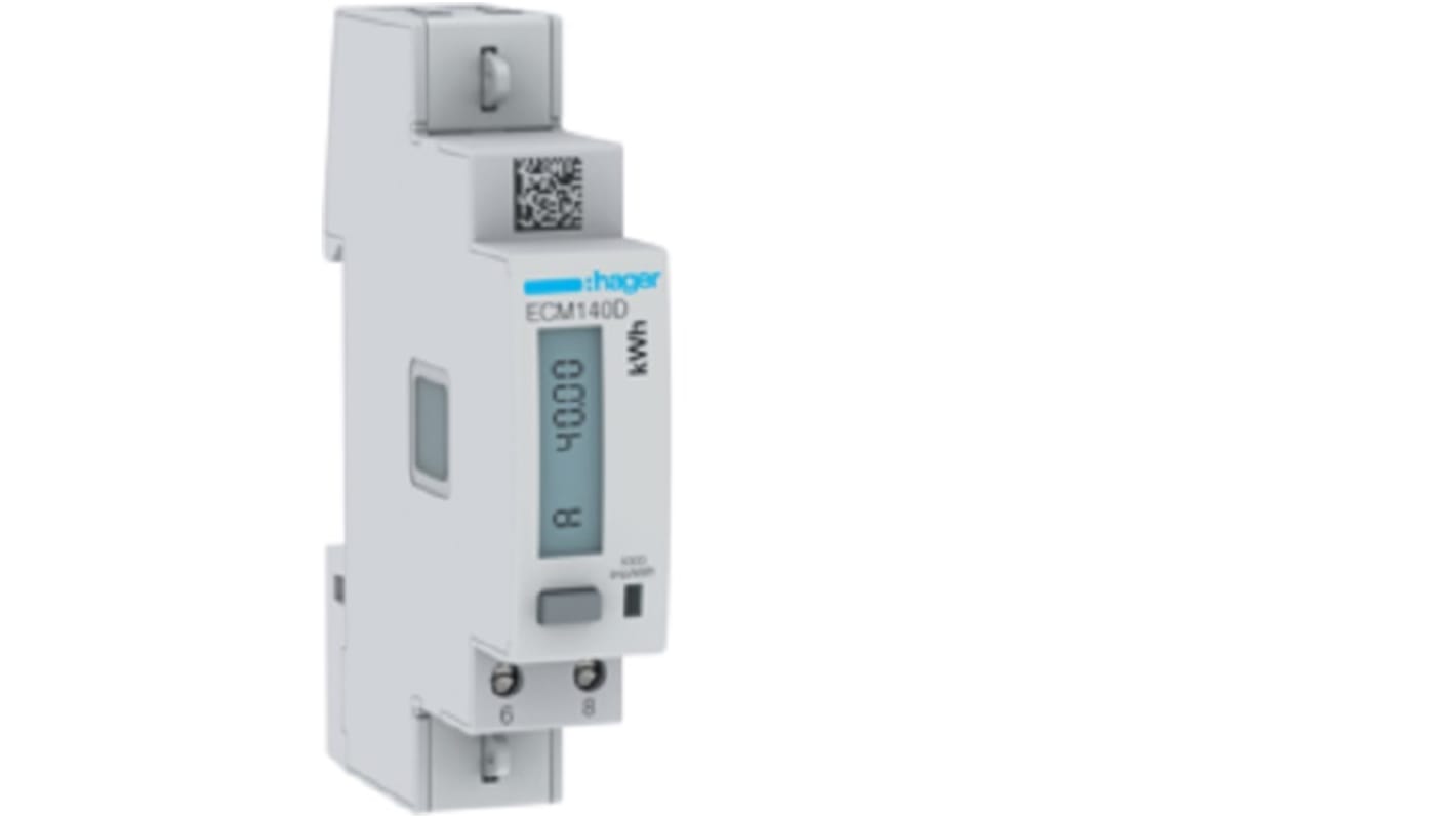 Contatore di energia monofase Hager ECM140D con display LCD retroilluminato, tensione 230 V, corrente 40 A, dimensioni 92 mm x 60 mm.