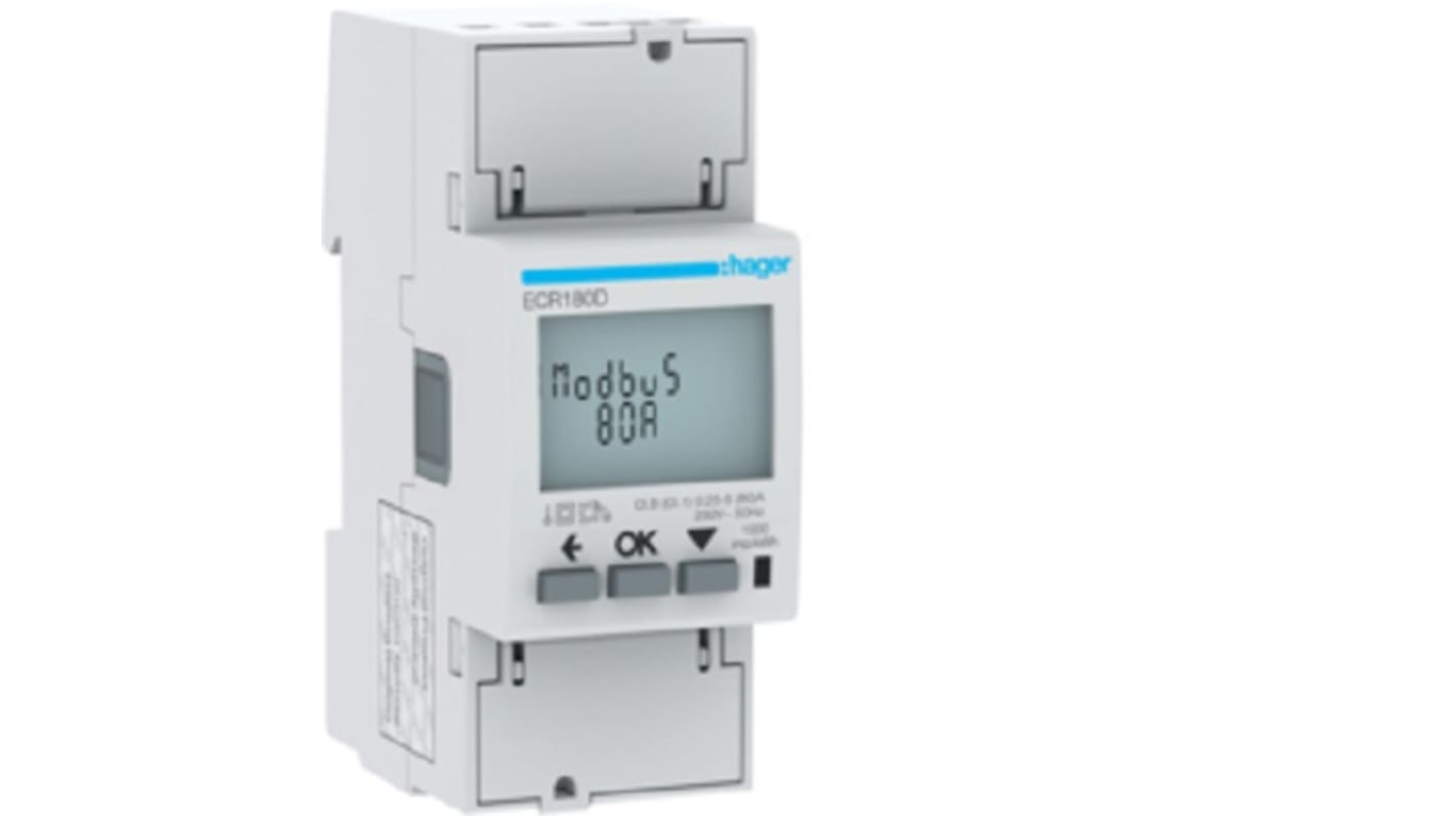 Contatore di energia monofase Hager ECR180D con display LCD, tensione 230 V, corrente 80 A, dimensioni 60x92 mm.
