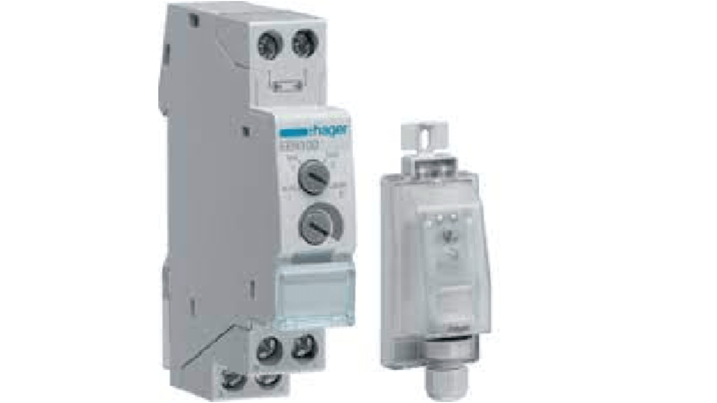 Interruttore crepuscolare Hager EEN100, 1 canale, montaggio a parete, 230 V, intervallo luminosità 5/2000 Lux, corrente 100 A.
