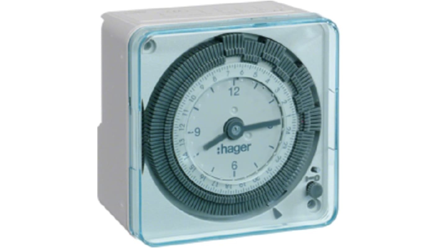 Temporizzatore Hager EH710, 1 canale, 230 V, ciclo fino a 24 ore, montaggio superficiale, dimensioni 72 x 72 x 48,5 mm.