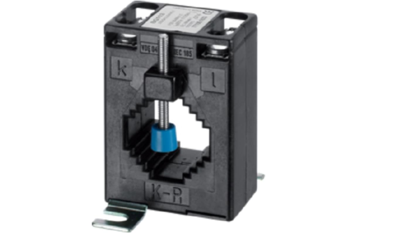 Trasformatore di corrente Hager SRA02005, rapporto 200:5, montaggio su guida DIN, dimensione foro 29.5 mm, potenza 2,5 VA.
