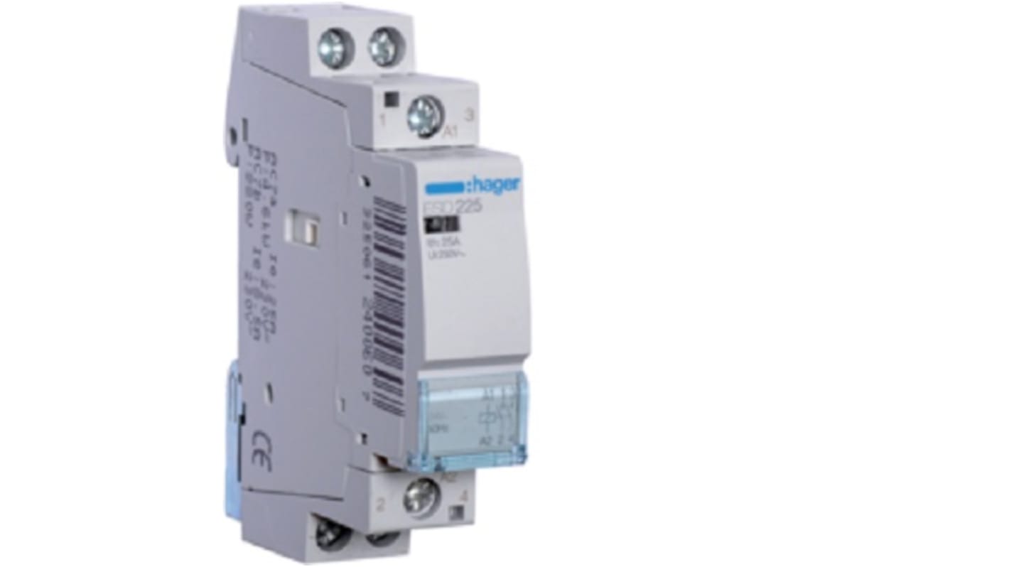 Contattore Hager ESD225 per controllo carico, 2 poli, 25 A, 24 V, dimensioni 60x83 mm, indice di protezione IP2X.