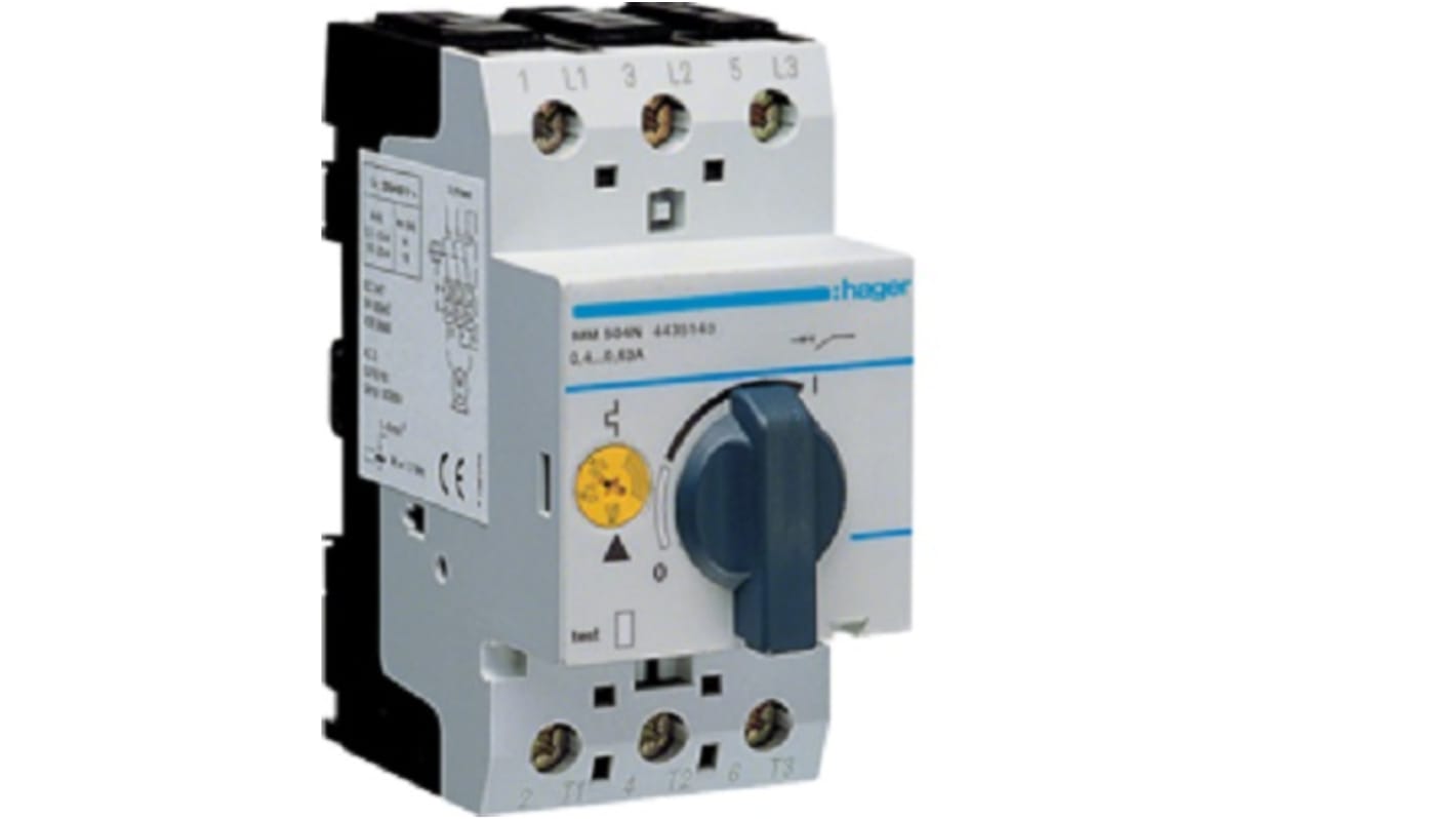 Interruttore automatico Hager MM504N, 3 poli, 630 mA, montaggio su guida DIN, IP20, per protezione motore.