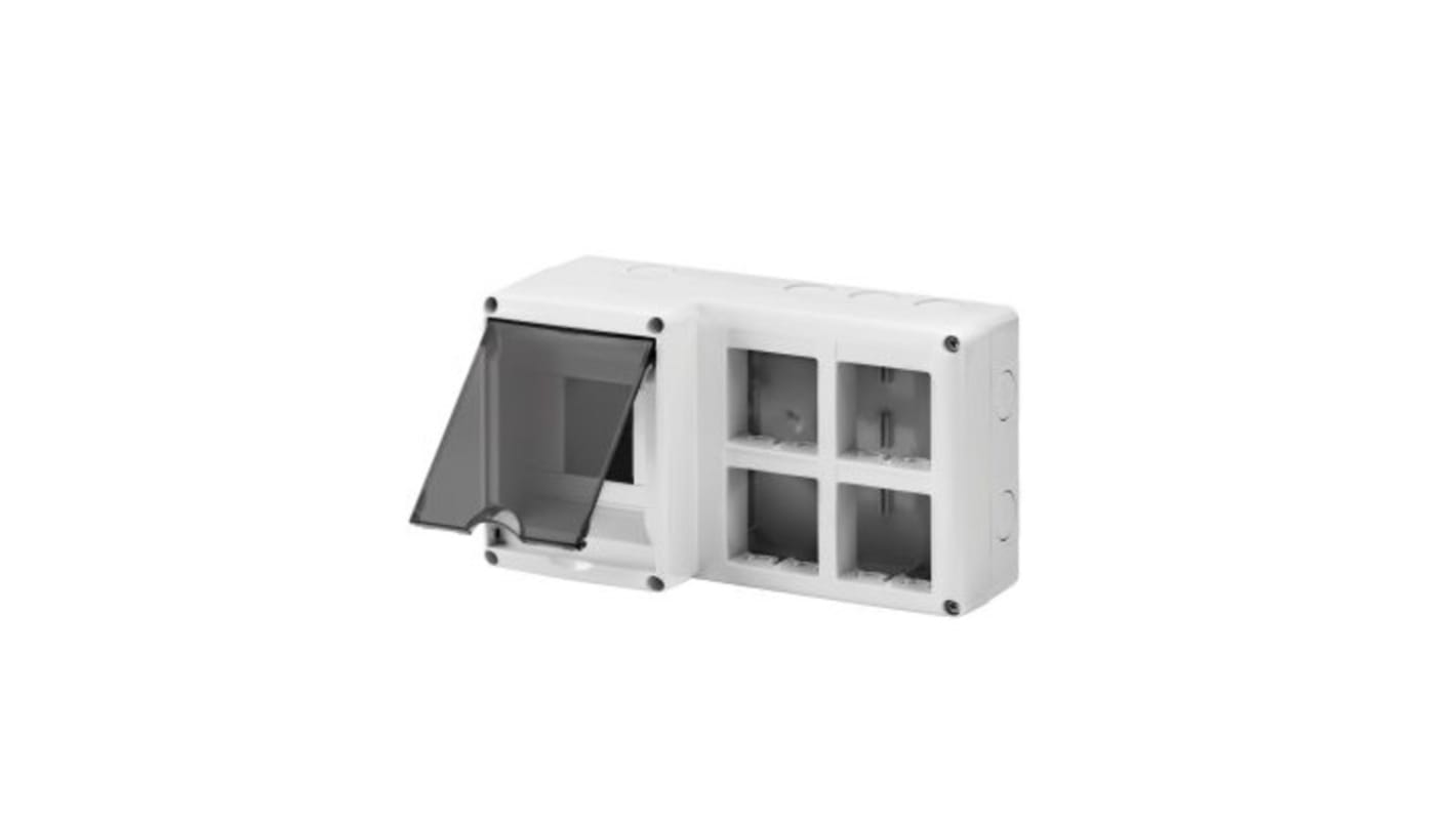 Scheda di distribuzione Gewiss GW27072 1+N, 16 vie, 32 A con porta fumé trasparente, resistente agli agenti atmosferici. Ideale per residenziale e industriale.