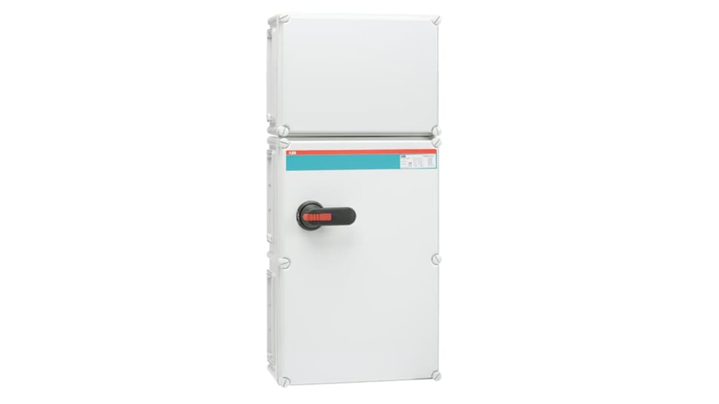 Sezionatore interruttore 3 poli ABB, corrente massima 400A, protezione IP65, costruito in policarbonato rinforzato, adatto per installazione interna ed esterna.