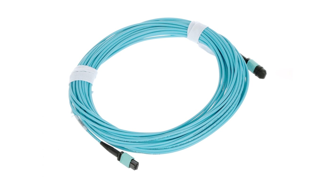 Cavo in fibra ottica Molex, 12 conduttori multimodali OM3, lunghezza 15 m, connettori MPO, colore acqua, perdita di inserimento 0,35 dB.