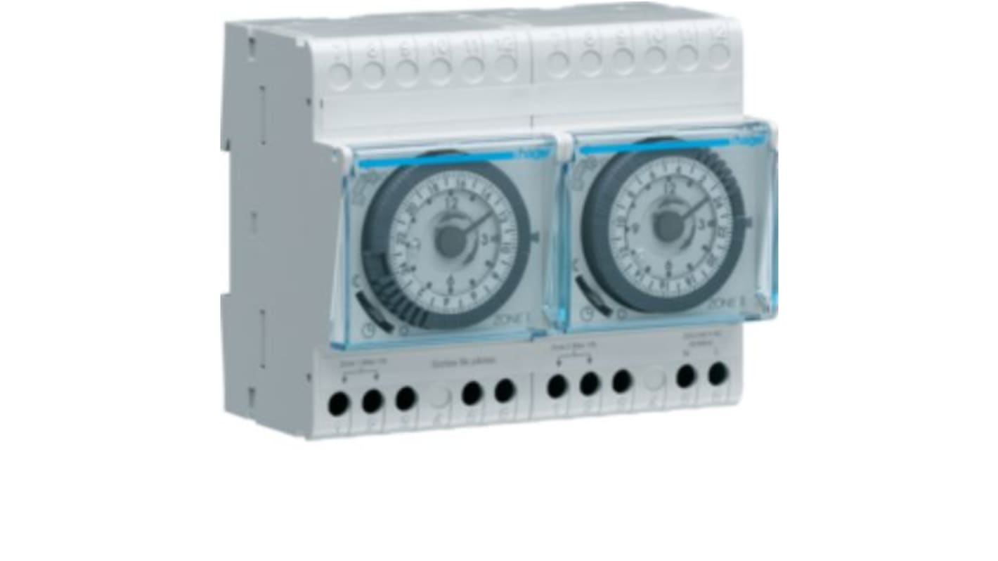 Interruttore temporizzato Hager 30010, 230 V, montaggio su guida DIN, 4 uscite, 2 zone di programmazione, riserva di potenza 200 ore.