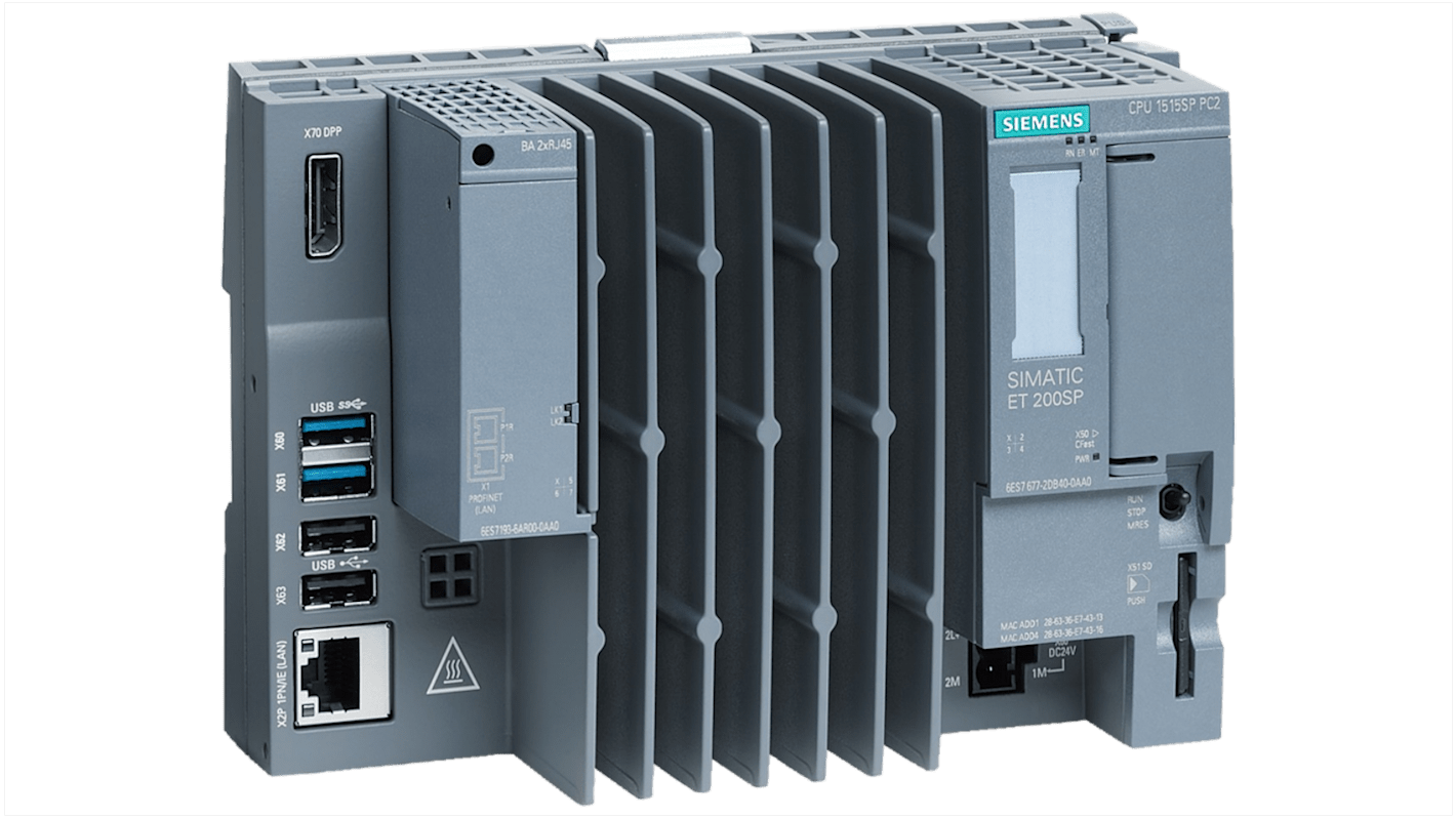 Siemens 6AG16772DB422GB0, CPU PLC SIPLUS ET 200SP, 24 V CC, 8 GB RAM, 30 GB CFast, interfacce Ethernet e USB.