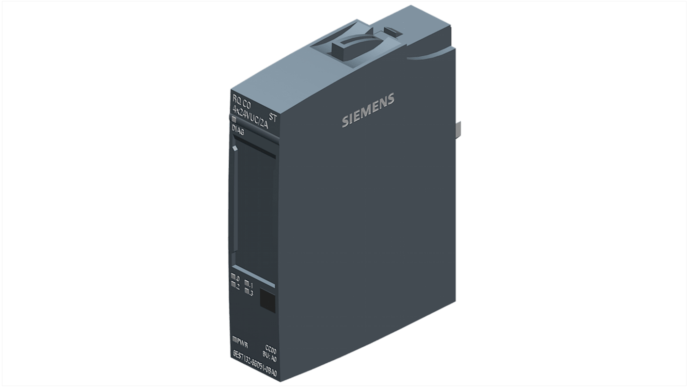 Modulo relè Siemens 6AG21326GD514BA0 per ET 200SP, uscita digitale, dimensioni 73 x 15 x 58 mm, diagnostica tensione.