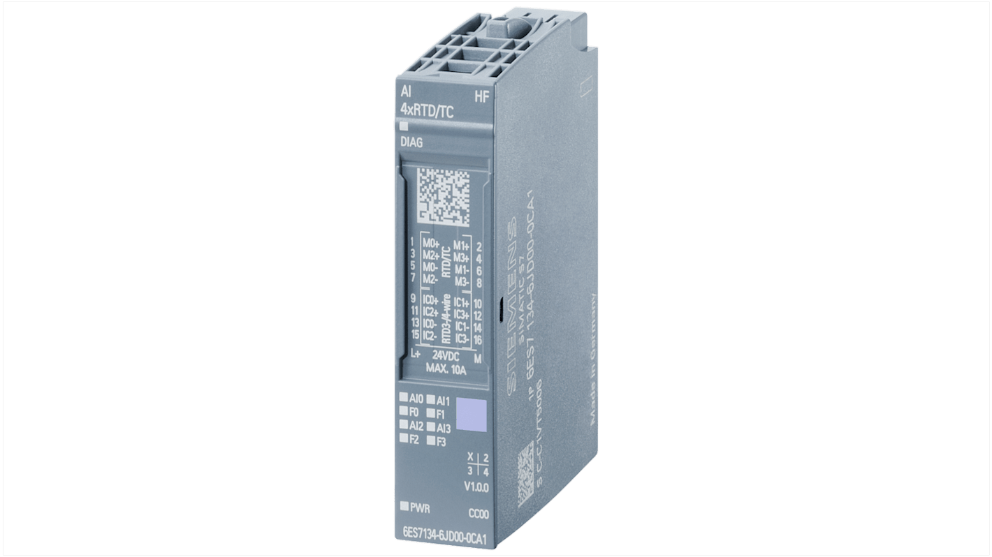 Modulo di ingresso analogico Siemens 6AG21346JD001CA1, 4 canali RTD/TC, risoluzione 16 bit, dimensioni 73 x 15 x 58 mm.