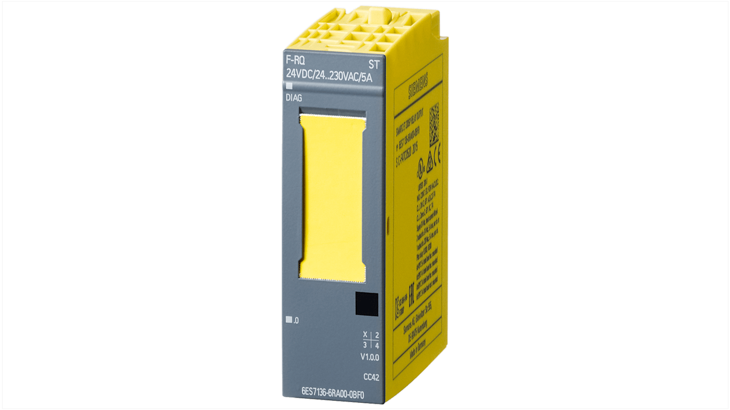 Modulo di uscita digitale Siemens 6AG21366RA001BF0 per ET 200SP, tensione 24 V c.c. e 230 V c.a., dimensioni 73 x 20 x 58 mm.