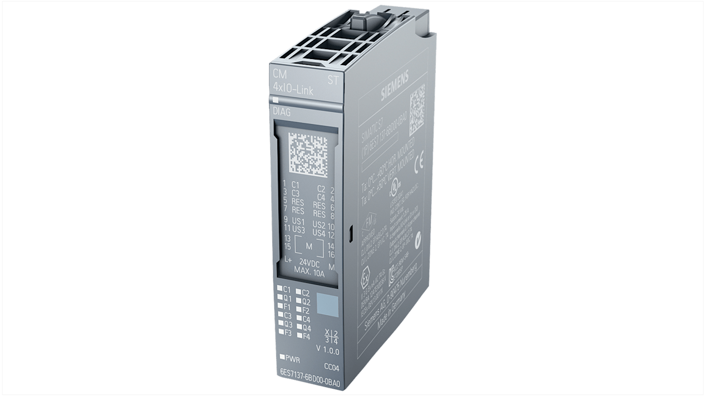 Modulo di comunicazione Siemens 6AG21376BD001BA0 per ET 200SP, 4 porte IO-Link, alimentazione 24 V, dimensioni 73 x 15 x 58 mm.