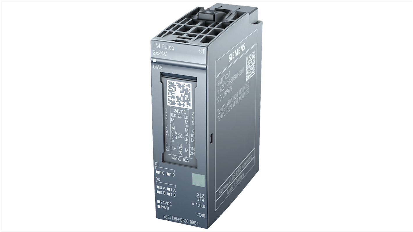 Modulo I/O digitale Siemens 6AG21386DB001BB1 per ET 200SP, 24 V, dimensioni 73 x 20 x 58 mm, isolamento 750 V.