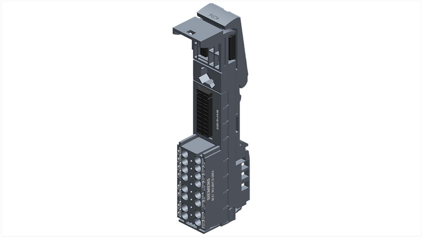 Siemens 6AG21936BP204BF0, unità base ET 200SP, dimensioni 117 x 20 x 35 mm, con terminali a innesto e resistenza a refrigeranti.
