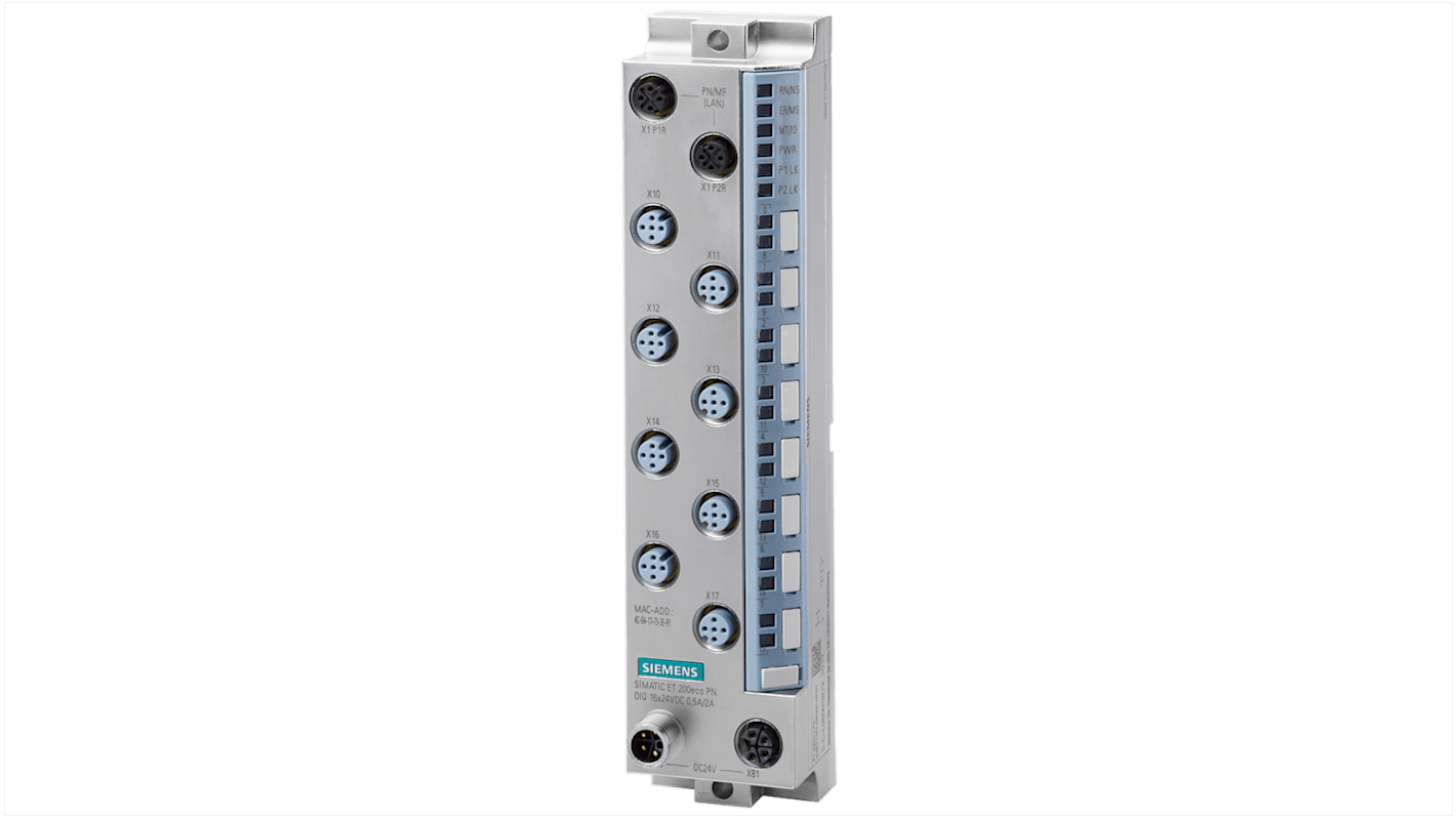 Modulo I/O digitale Siemens 6ES71416BH000BB0, 16 ingressi, 24 V c.c., protezione IP65/67, dimensioni 45 x 200 x 48 mm.