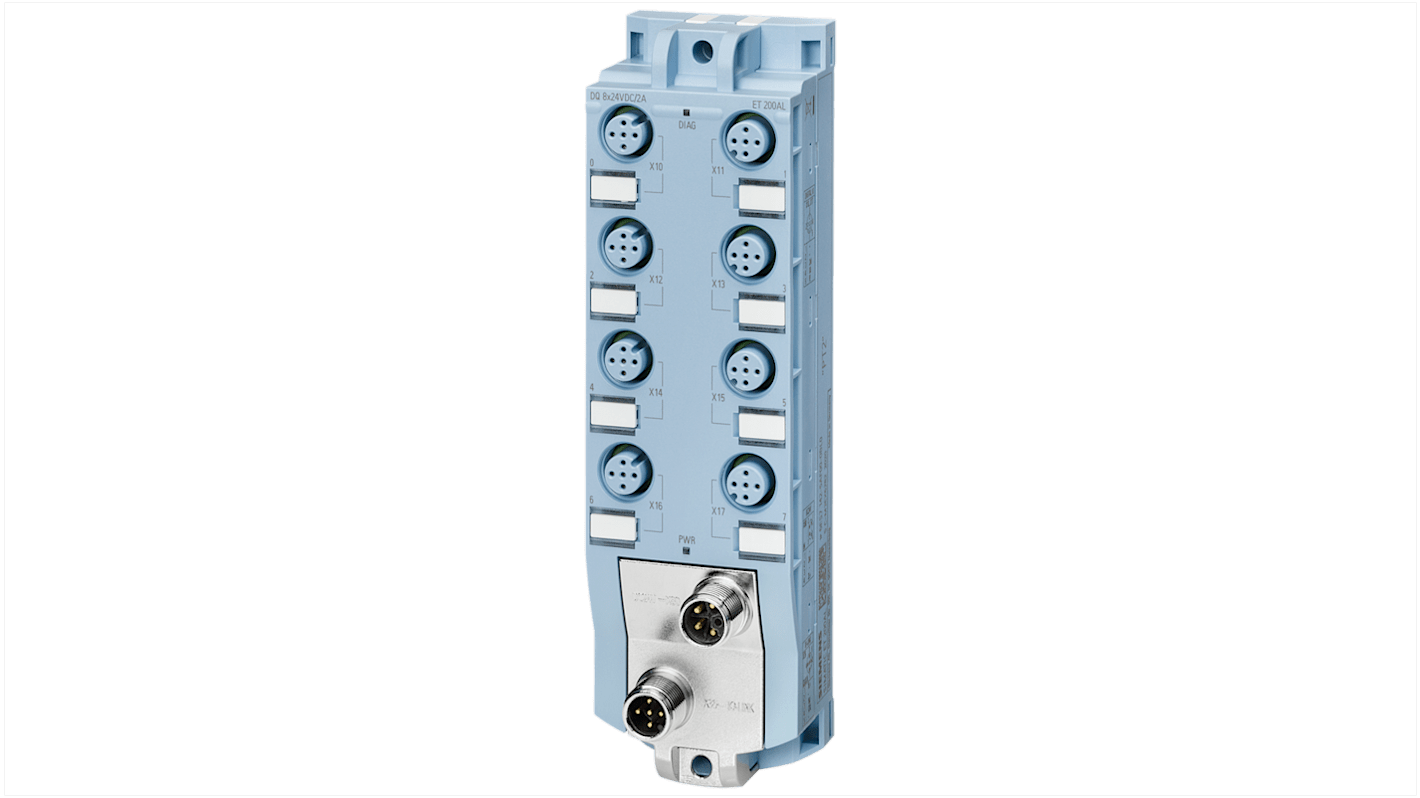 Modulo di uscita digitale Siemens 6ES71425AF000BL0, 8 porte, 24 V c.c., IP65/67, dimensioni 159 x 45 x 45 mm.