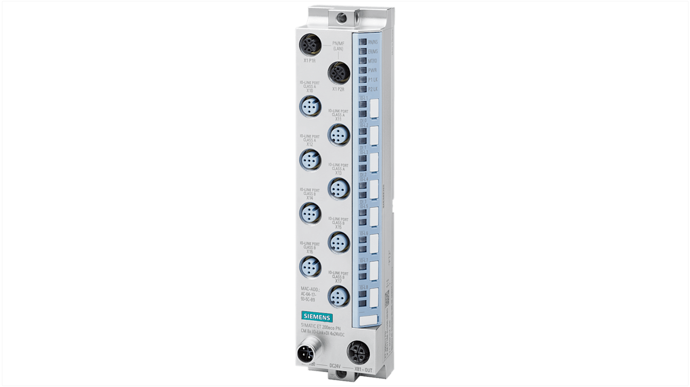 Modulo di collegamento Siemens 6ES71486JG000BB0 per ET 200eco, 4 ingressi digitali, IP67, 24 V c.c., dimensioni 200 x 45 x 48 mm.