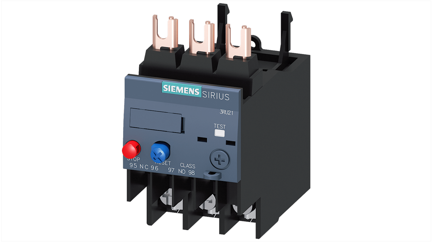 Relè contattore Siemens 3RU21264PJ0, 1NC/1NO, carico FLC 36 A, montaggio su contattore classe 10.